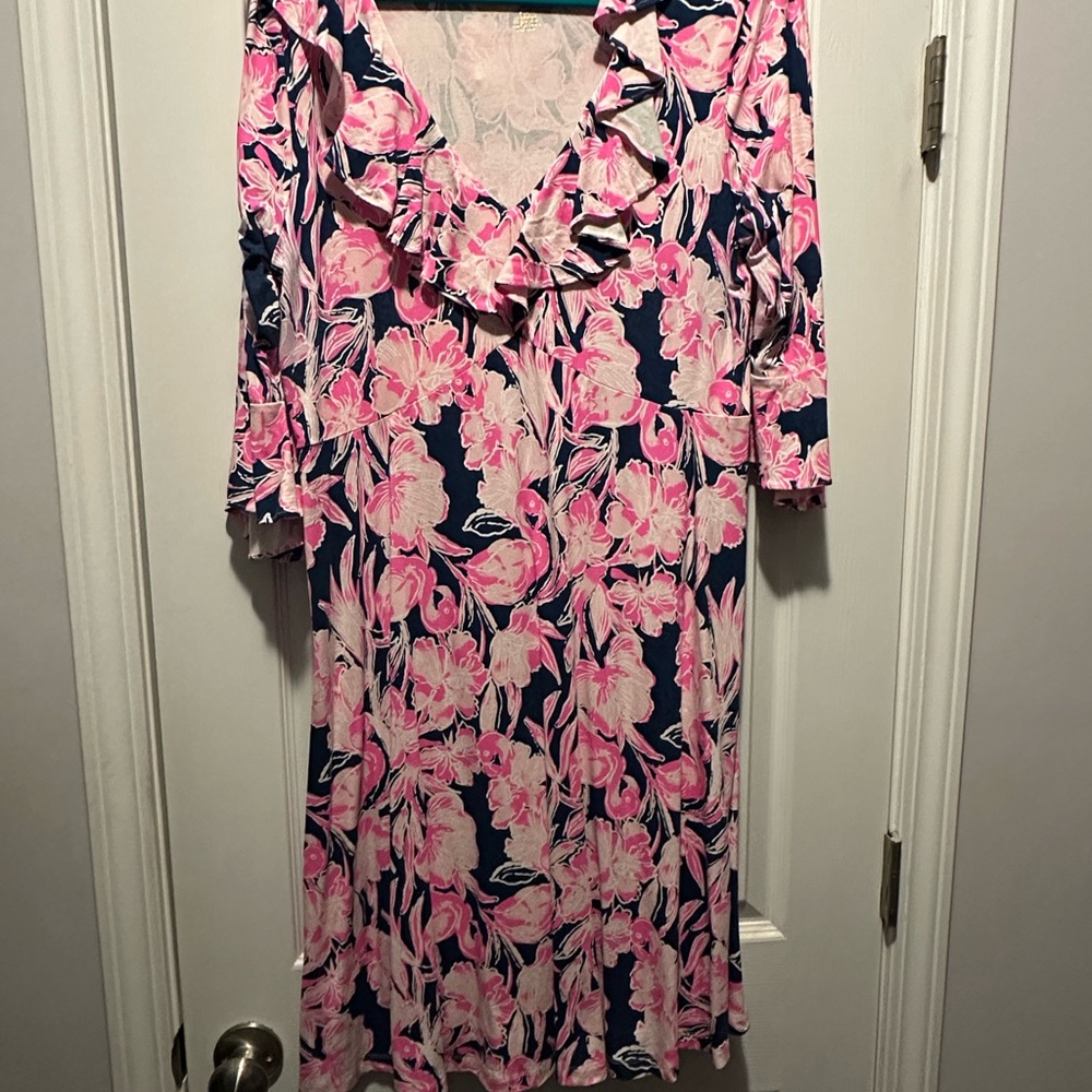 Lilly Pulitzer Navy and Pink Floral Ruffle V-Neck Dress